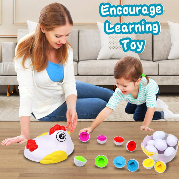 A child is sorting colorful plastic eggs into small cups on a wooden table, demonstrating a learning toy.