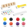A set of wooden clip beads, colored balls, and a test tube toy for fine motor skills development.