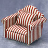 A miniature 1:12 scale sofa and pillow set featuring red and white striped fabric.