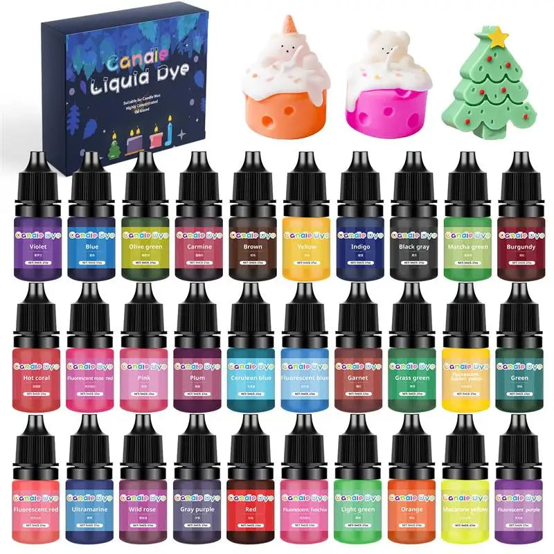 Collection de colorants pour bougies liquides dans diverses couleurs : violet, bleu, vert et rouge, emballés pour teindre la 