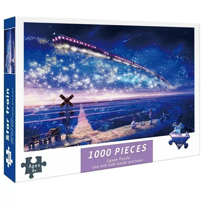A box for a 1000-piece jigsaw puzzle depicting a train flying through a starry night sky over a landscape.