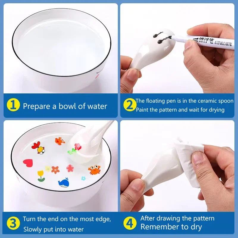 Instructions showing how to use a magical water painting pen set to draw patterns on water