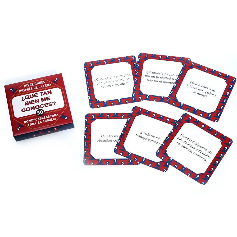 A set of red and blue puzzle cards with Spanish questions for a family game night