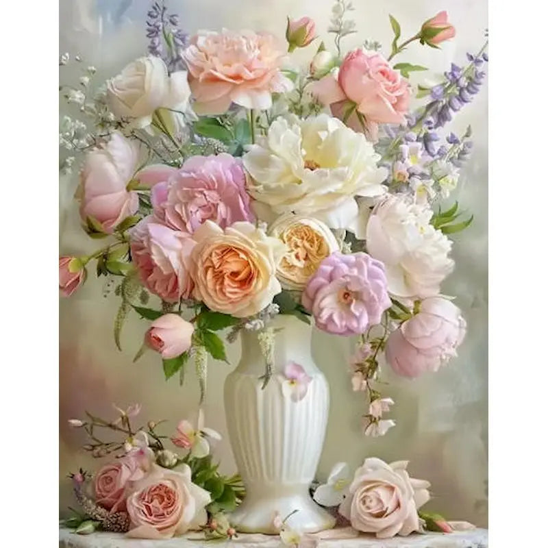 A bouquet of pink and cream roses and lavender flowers used as a background for a diamond painting kit.