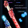 A red and blue light-up laser sword toy with double blades is displayed against a dark background.