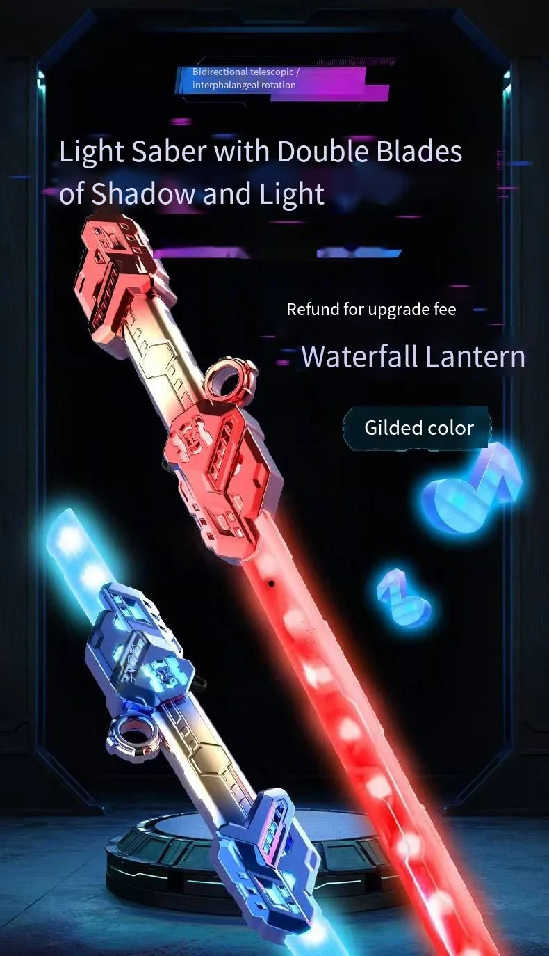 A red and blue light-up laser sword toy with double blades is displayed against a dark background.