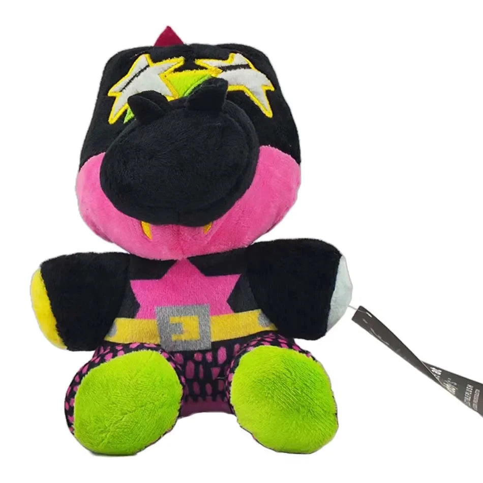 A plush toy of a character resembling Bonnie from Five Nights at Freddy's, featuring black and pink colors.