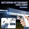 A close-up of a white electric water gun with a light version, showing the barrel and a storage drum.
