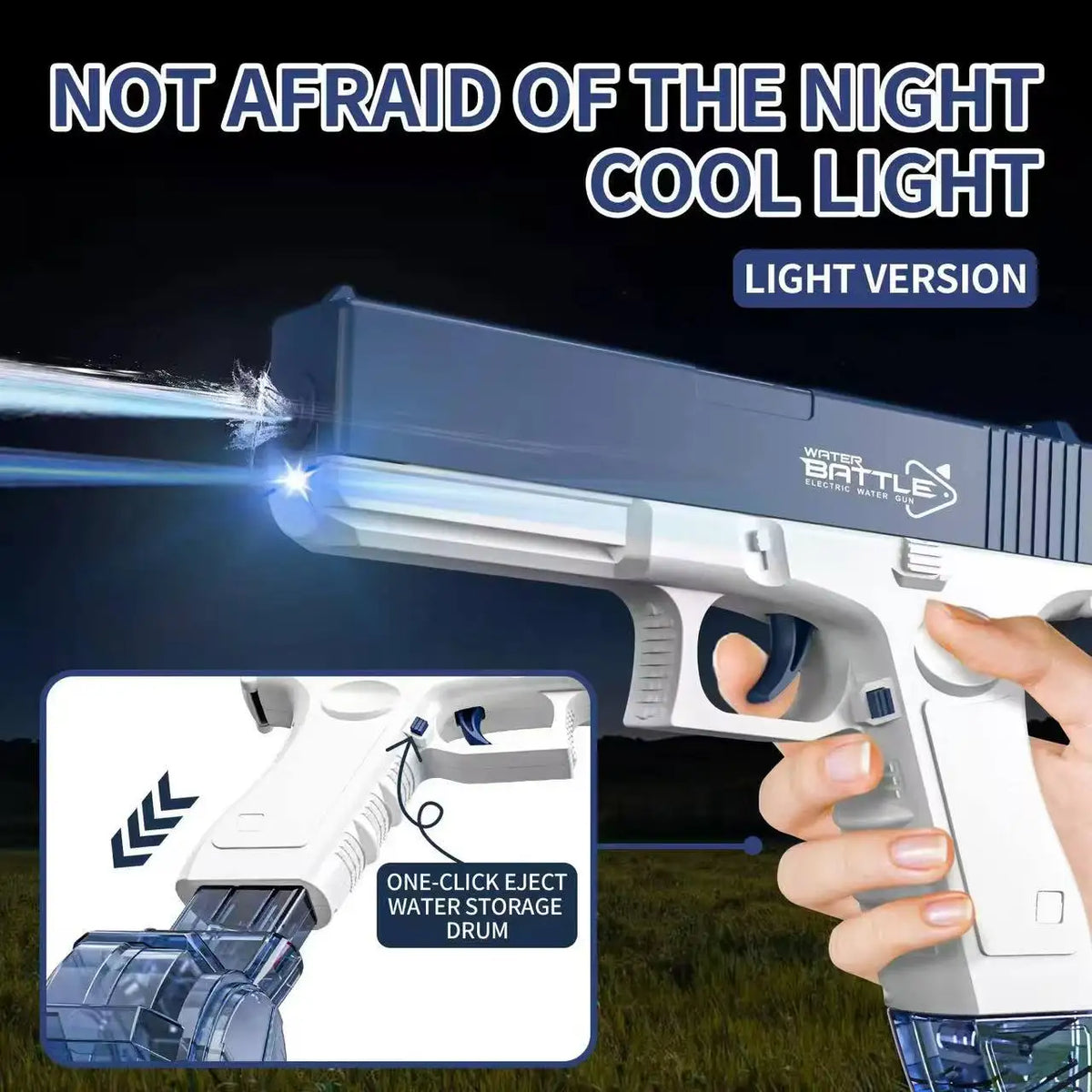 A close-up of a white electric water gun with a light version, showing the barrel and a storage drum.