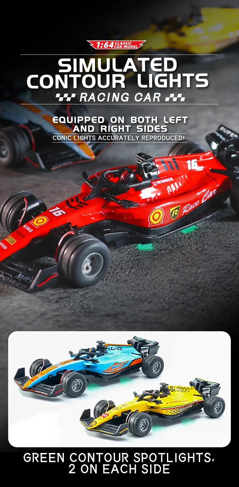 A red racing car model equipped with simulated contour lights on both sides, shown in a close-up view.