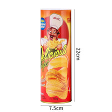 A can of chips with a cartoon chef illustration and text on the label.