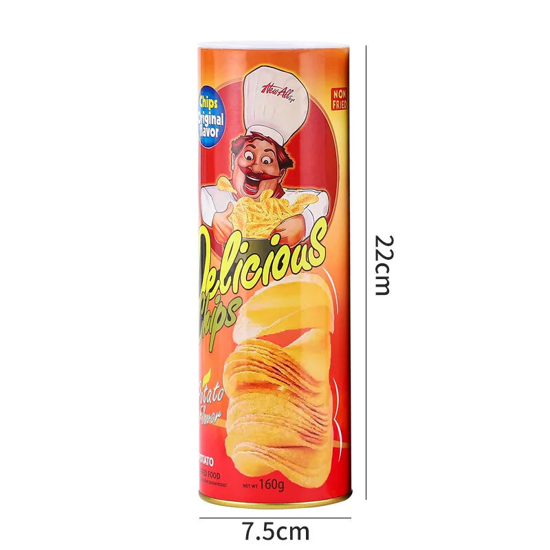 A can of chips with a cartoon chef illustration and text on the label.