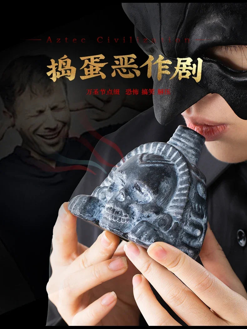 A close-up of a handcrafted Aztec death whistle with an eerie scream sound, held by a person wearing a black mask.
