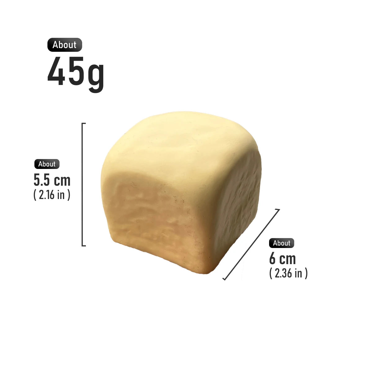 Pâte à pain rectangulaire jaune clair, jouet de 5,5 cm de haut et 6 cm de long.