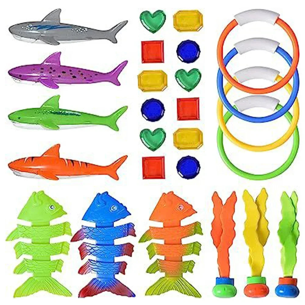 A collection of colorful diving toys including fish shapes and rings for swimming pool games