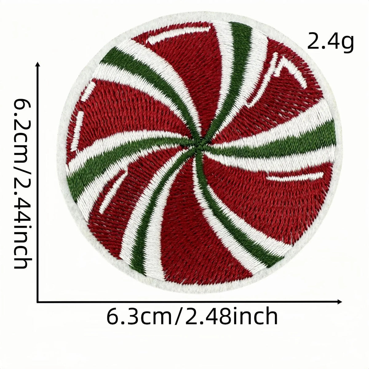 A circular iron-on patch featuring a red and green swirl pattern resembling a festive cartoon character.