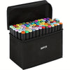 A black case holding 80 alcohol markers with various vibrant colors for sketching and illustration.