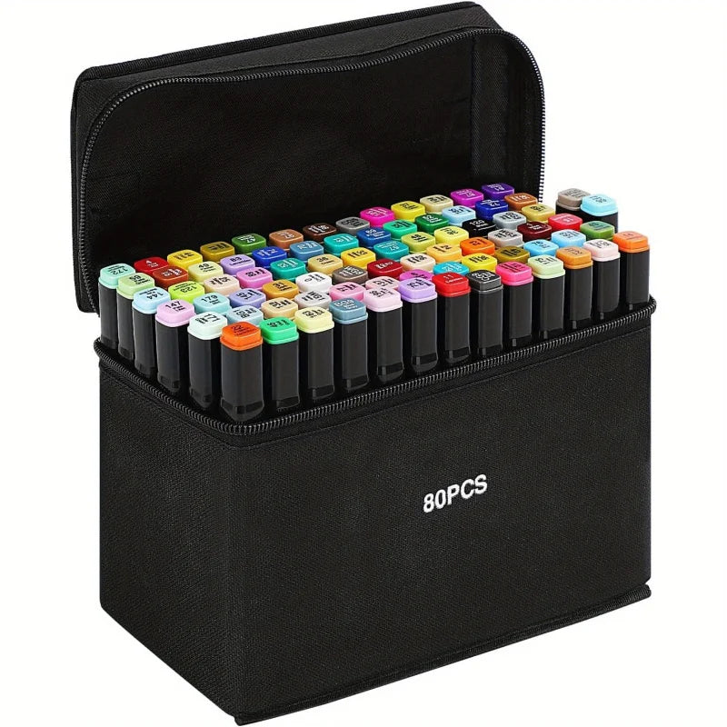 A black case holding 80 alcohol markers with various vibrant colors for sketching and illustration.