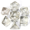 A collection of clear acrylic dice, including a d12, d20, and a tetrahedron, scattered on a white surface.