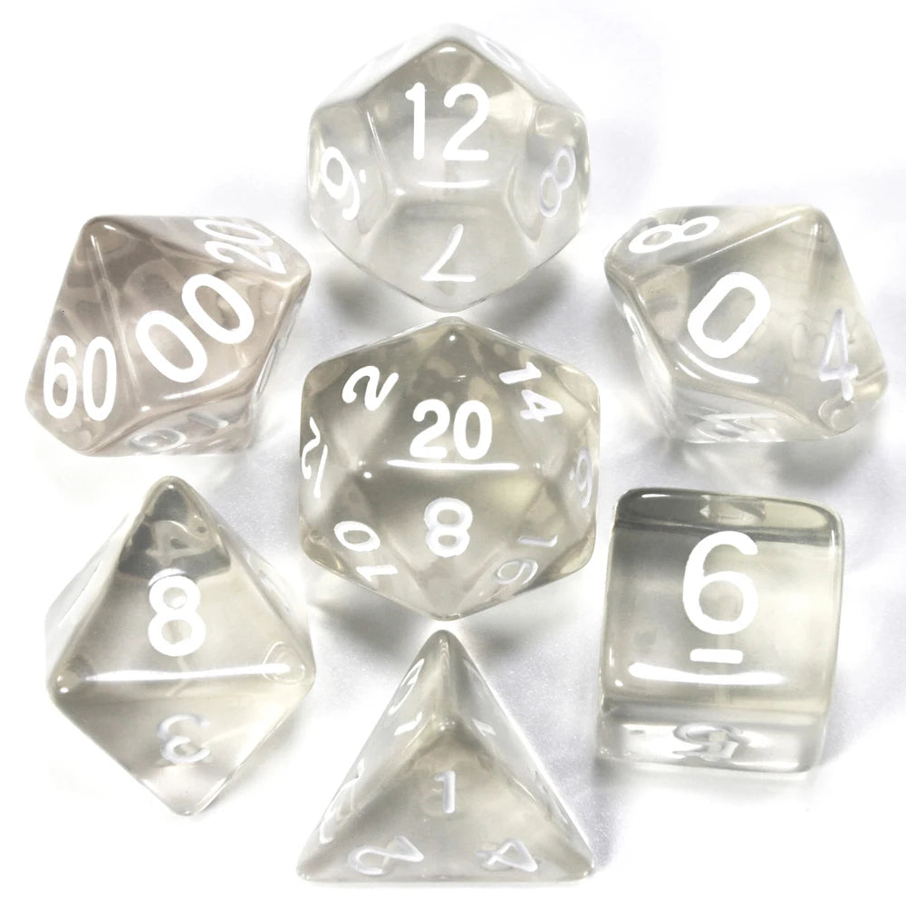 A collection of clear acrylic dice, including a d12, d20, and a tetrahedron, scattered on a white surface.