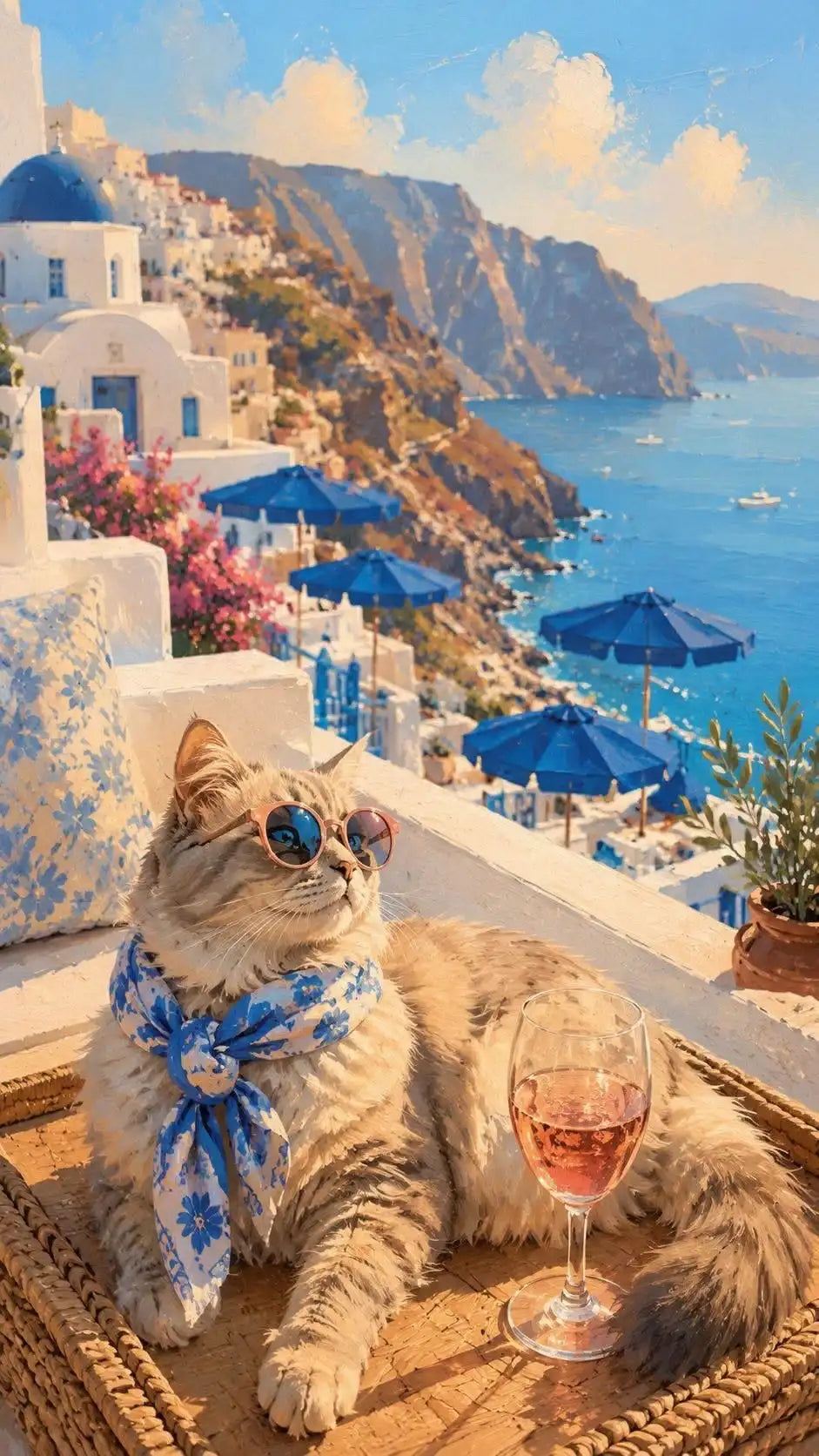 A fluffy tabby cat wearing a blue patterned scarf sits on a wooden tray overlooking a coastal view.