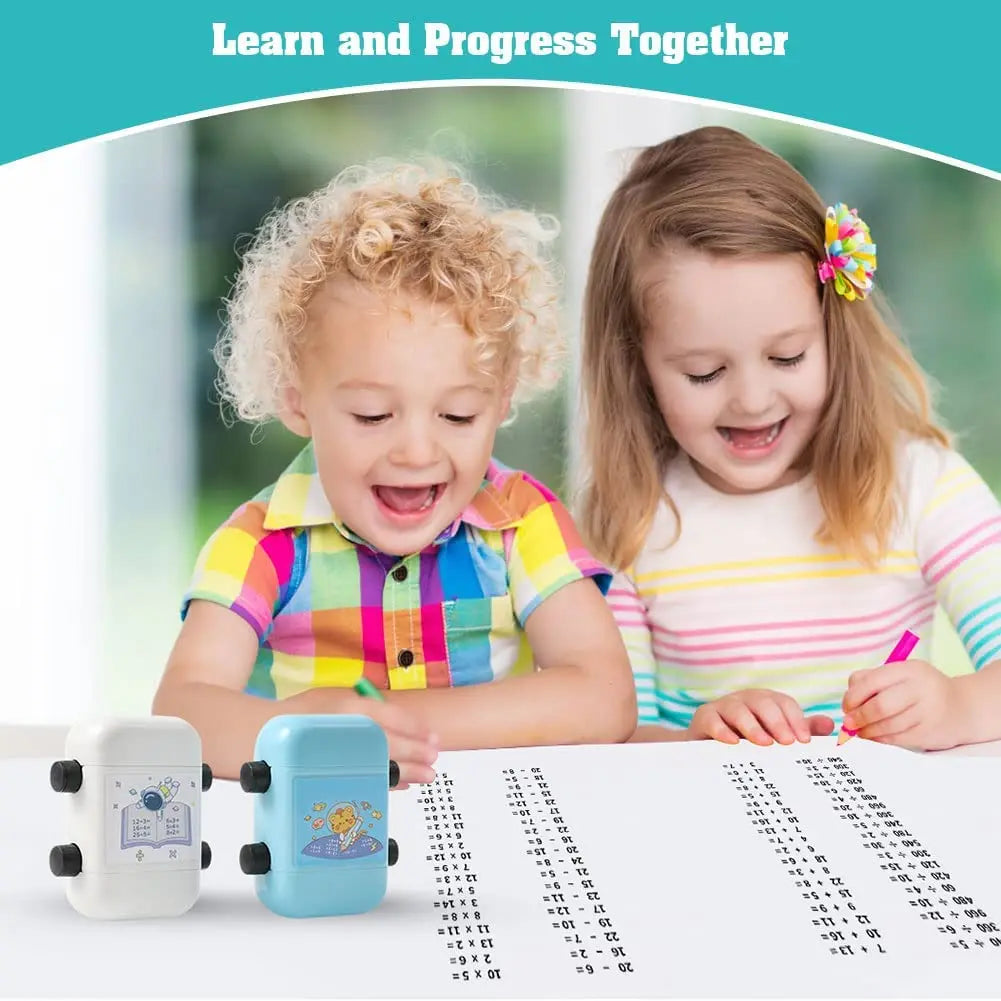 Two colorful math roller stamps for addition and subtraction practice placed on a white surface.