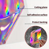 A holographic vinyl roll showing a cutting plane, self-adhesive surface, and protect backing.