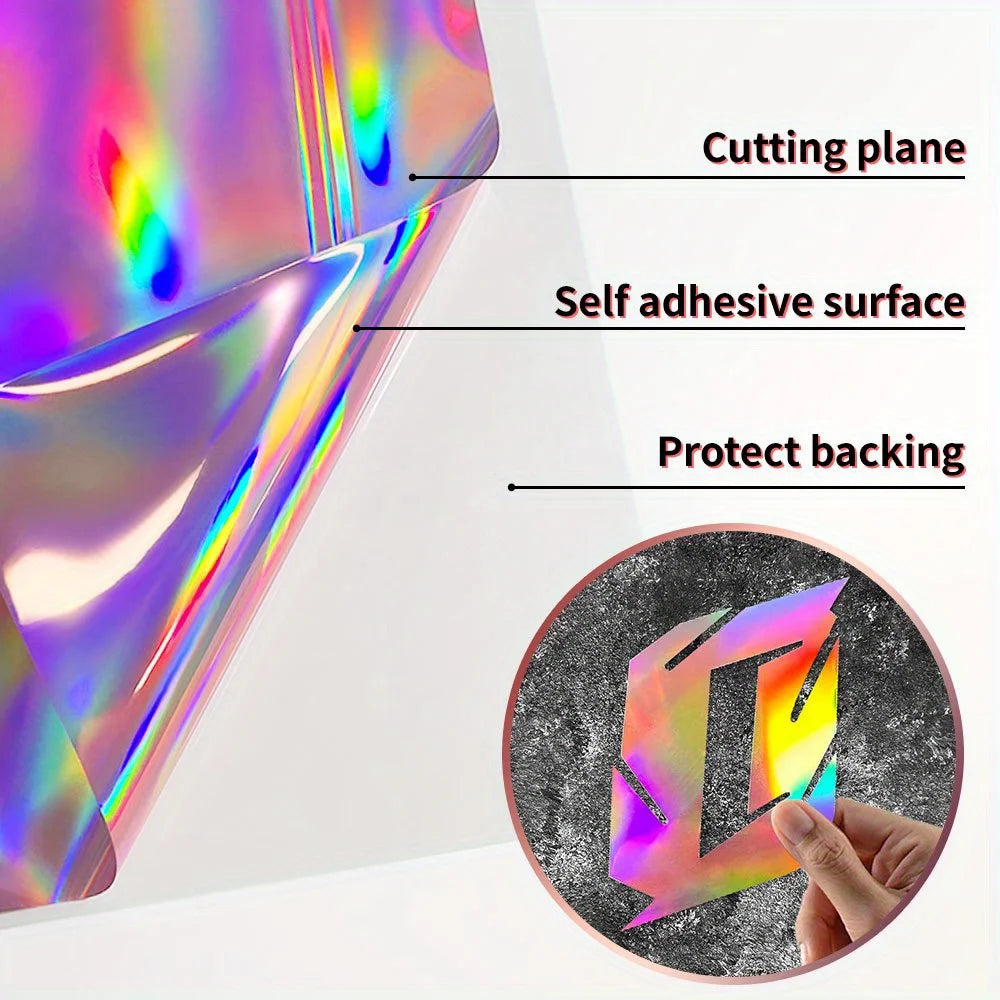 A holographic vinyl roll showing a cutting plane, self-adhesive surface, and protect backing.