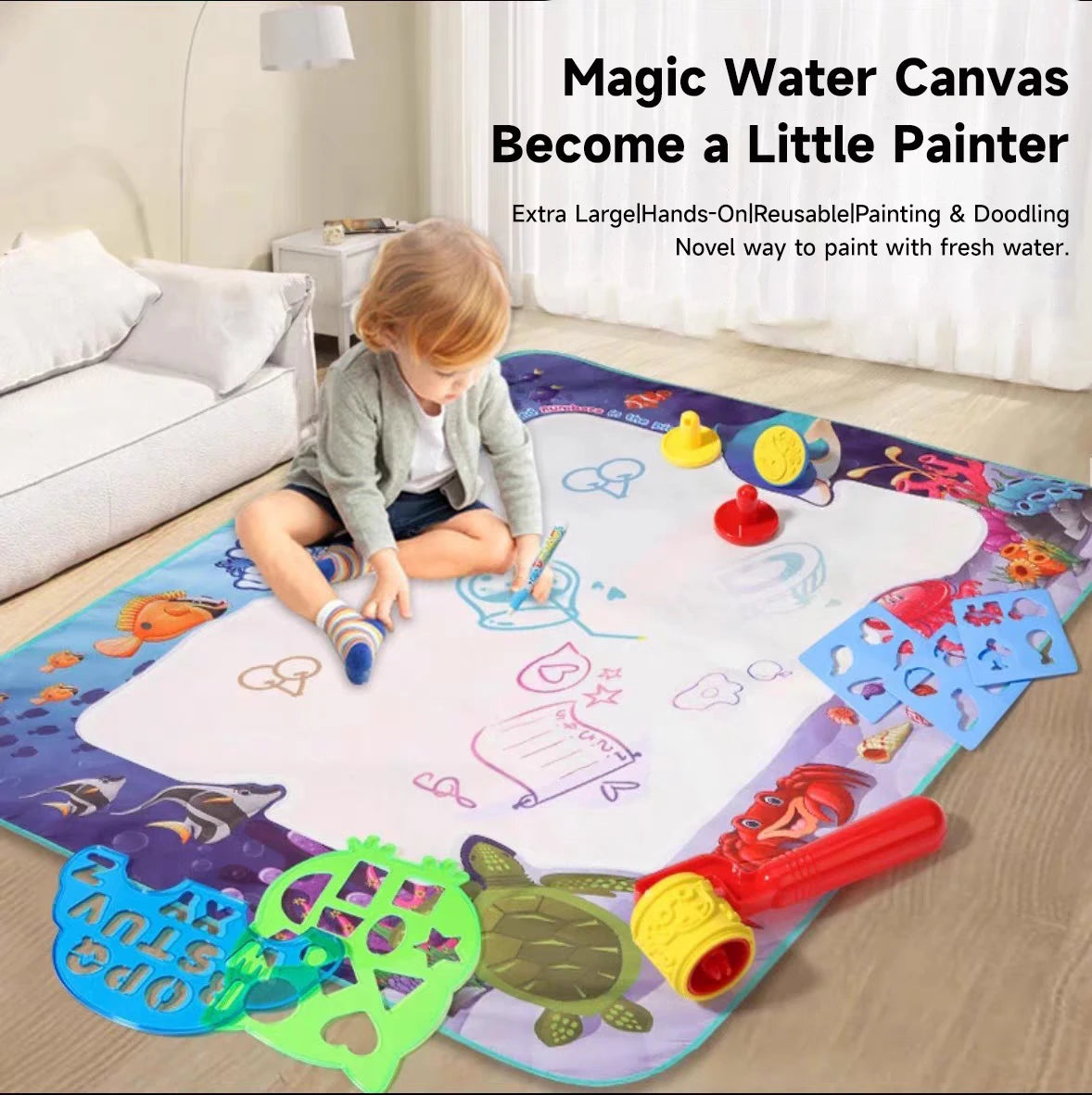 Magic Water Drawing Mat with Fluorescent Pens for Kids