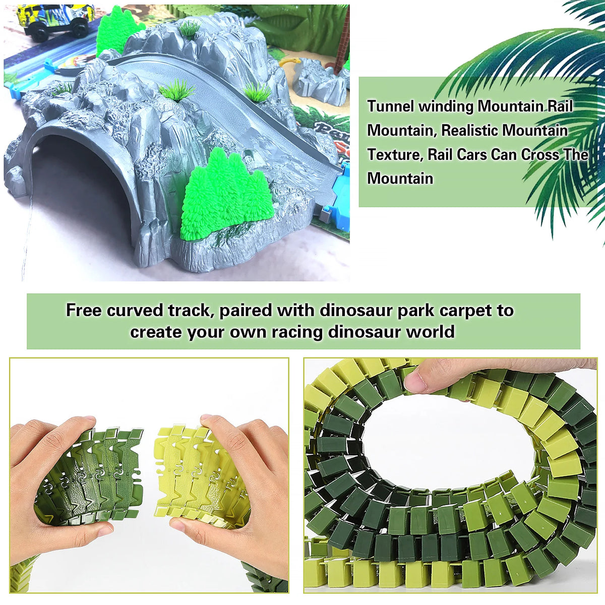A set of green and yellow dinosaur park carpet pieces used to create a curved racing track for toy cars.