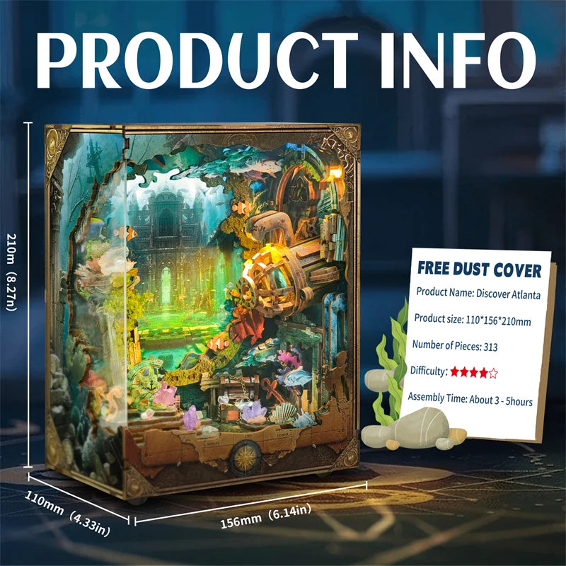 A wooden book nook shelf insert kit featuring an elaborate underwater world miniature model with mossy and natural elements.
