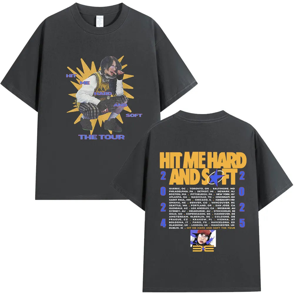 Black t-shirt featuring a graphic of a musician and text related to the Hit Me Hard and Soft Tour