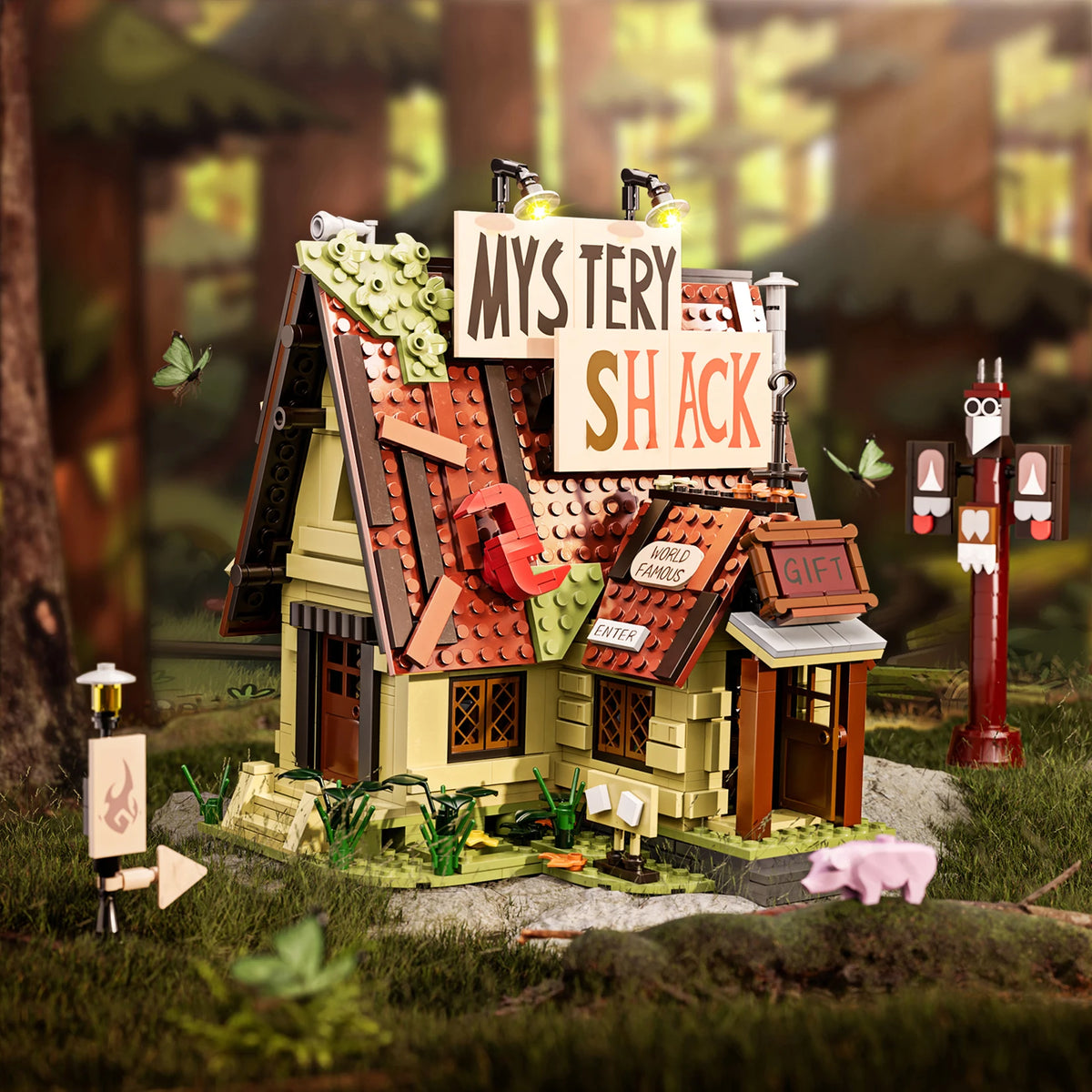 A detailed building block set of a Mystery Shack featuring a wooden facade, roof, and signage in a miniature outdoor scene.