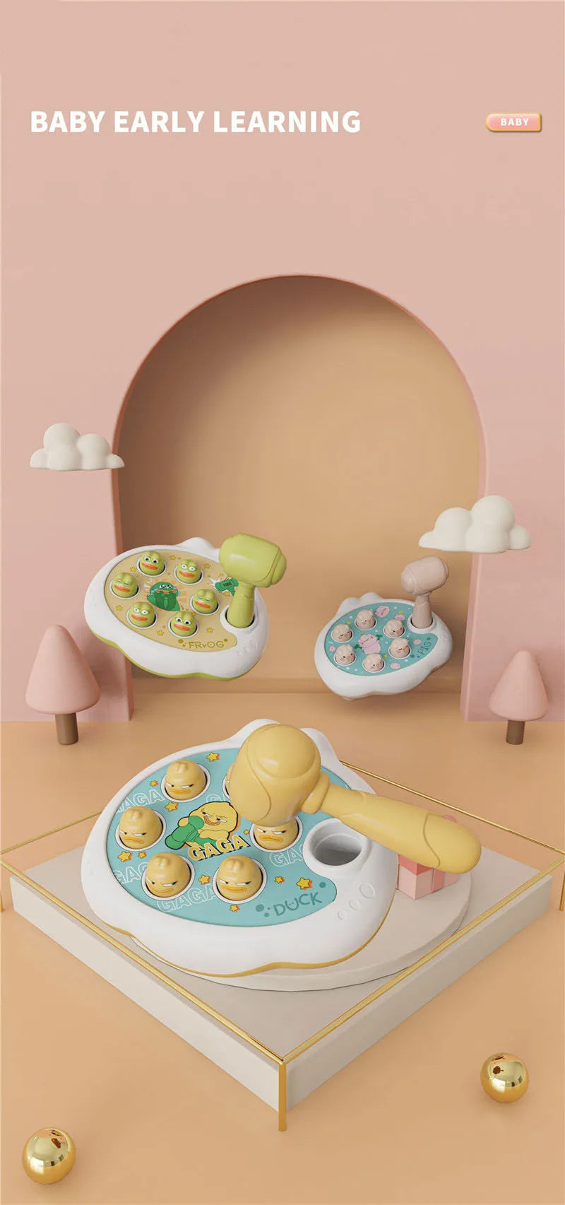 A set of wooden animal hammer toys for toddlers, including a duck and other animals, displayed in a nursery setting.