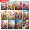 A collection of vibrant floral paintings featuring various colored flowers and lavender in a field.