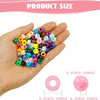 A hand holds a pile of multicolor pony beads for jewelry, braids, and crafts, with size measurements shown.