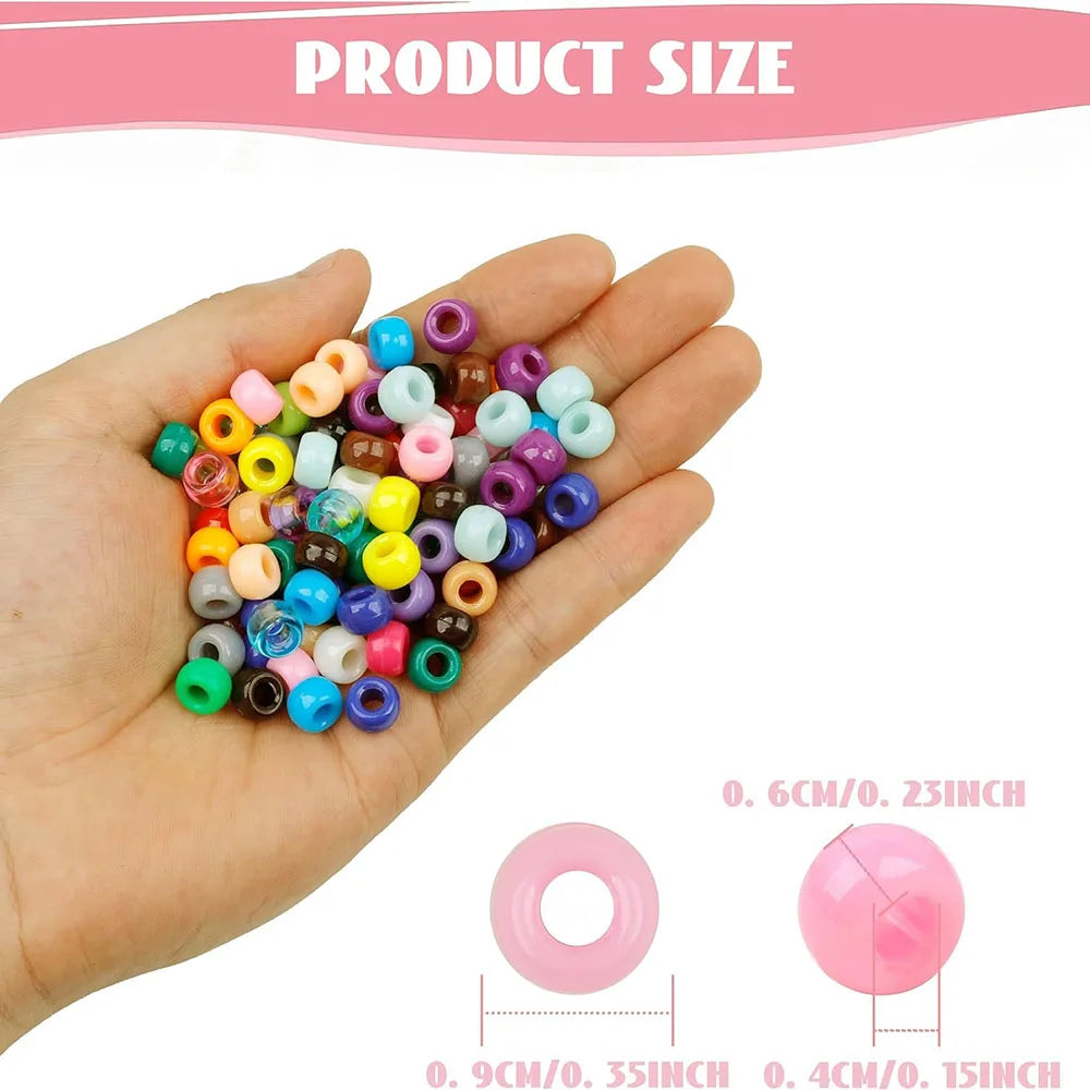 A hand holds a pile of multicolor pony beads for jewelry, braids, and crafts, with size measurements shown.