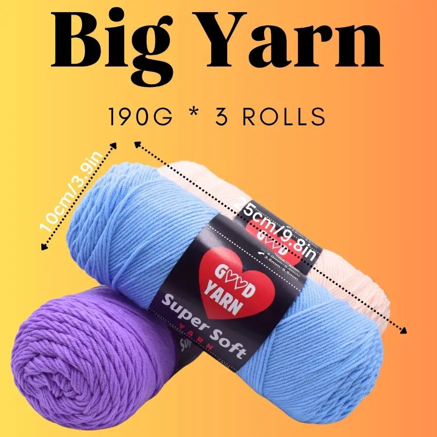 A bundle of blue and purple yarn rolls labeled Big Yarn 190g x 3 rolls.