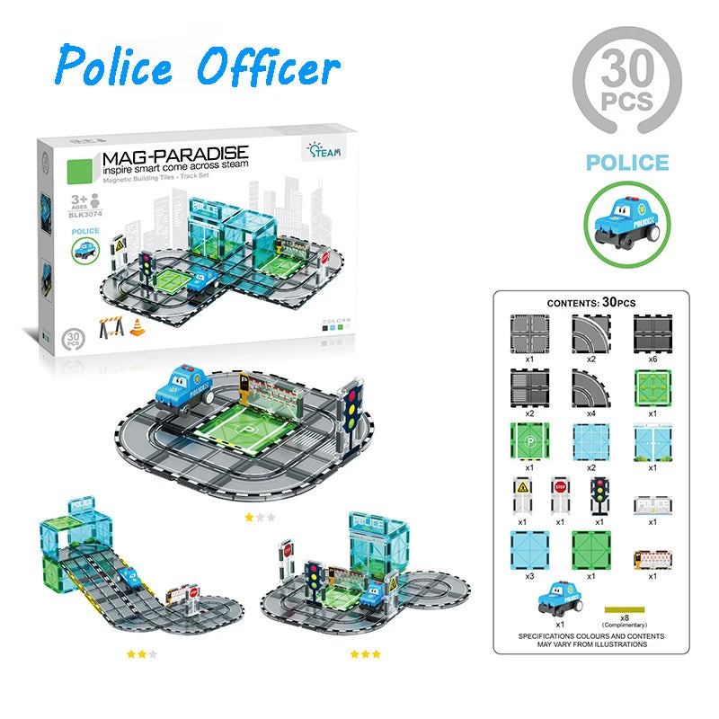 A box of Mag-Paradise police officer magnetic building tiles featuring a road and rail set with an electric car.