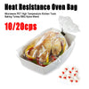A clear plastic oven bag containing a roasted turkey or chicken, shown next to a small pile of the bags.