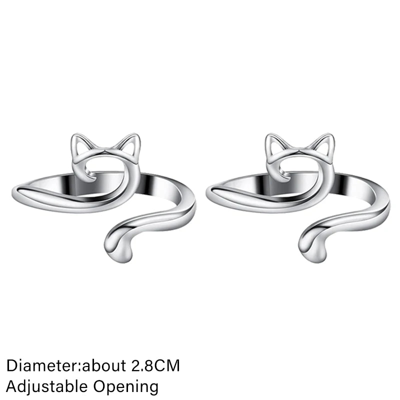 Silver adjustable cat-ear crochet rings shown against a white background.