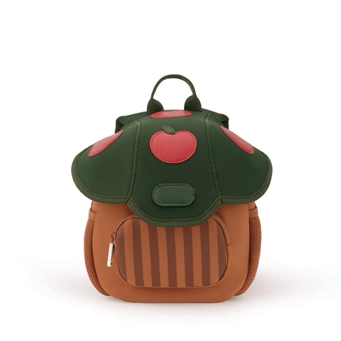 A green and red mushroom print mini backpack for toddlers.