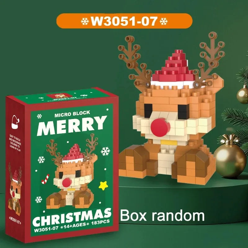 A box of Merry Christmas micro block set featuring a Santa and reindeer figure on a green background.