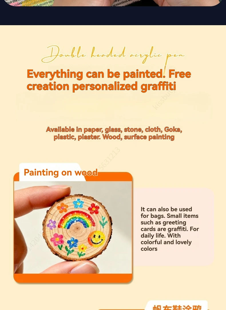 A hand holds a wooden object painted with colorful glitter art, demonstrating the use of double-headed acrylic pens for perso
