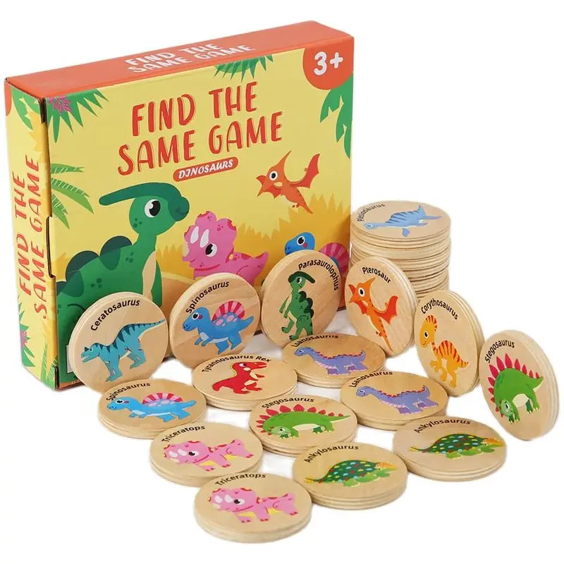 A box of Find the Same Game dinosaurs with wooden matching puzzle pieces for children