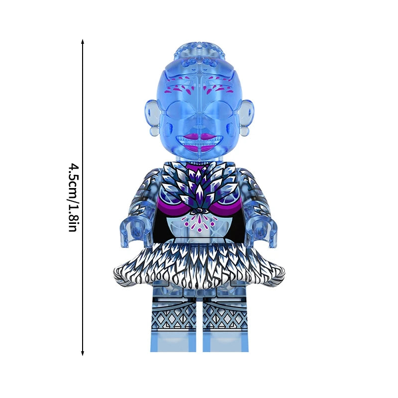 A set of mini building block figures of Five Nights at Freddy's characters Bonnie and friends in blue and purple.