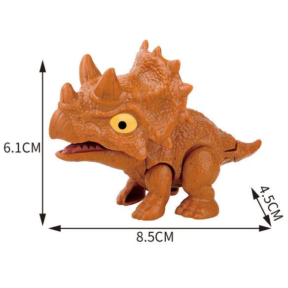 An orange finger dinosaur fidget toy with movable joints, showing its size and features.