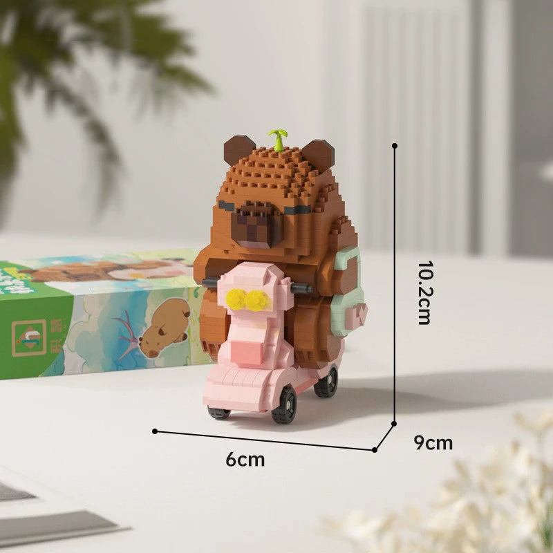 A small, brown capybara desktop model kit made of building blocks, shown in profile with dimensions.