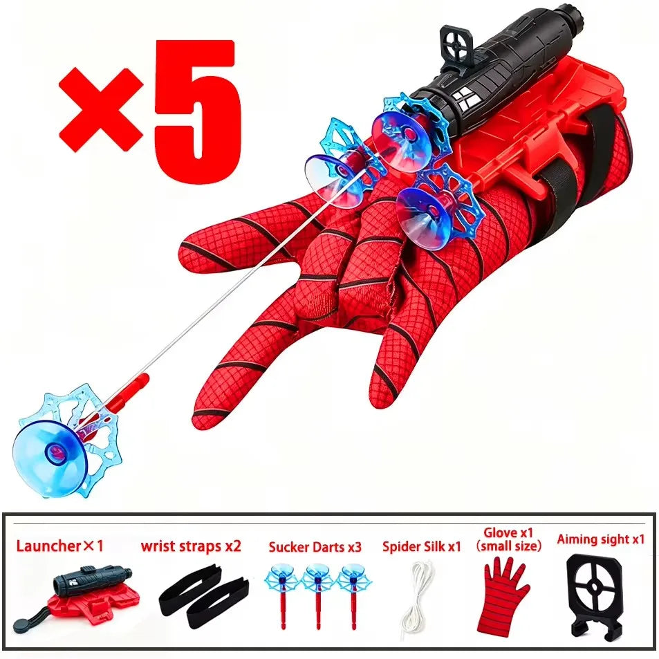A set of five superhero launcher wrist toys with suction cup darts, including the launcher, wrist straps, and darts.