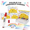 A set of double-tip washable markers in yellow and other colors, including a pen and boxed sets.